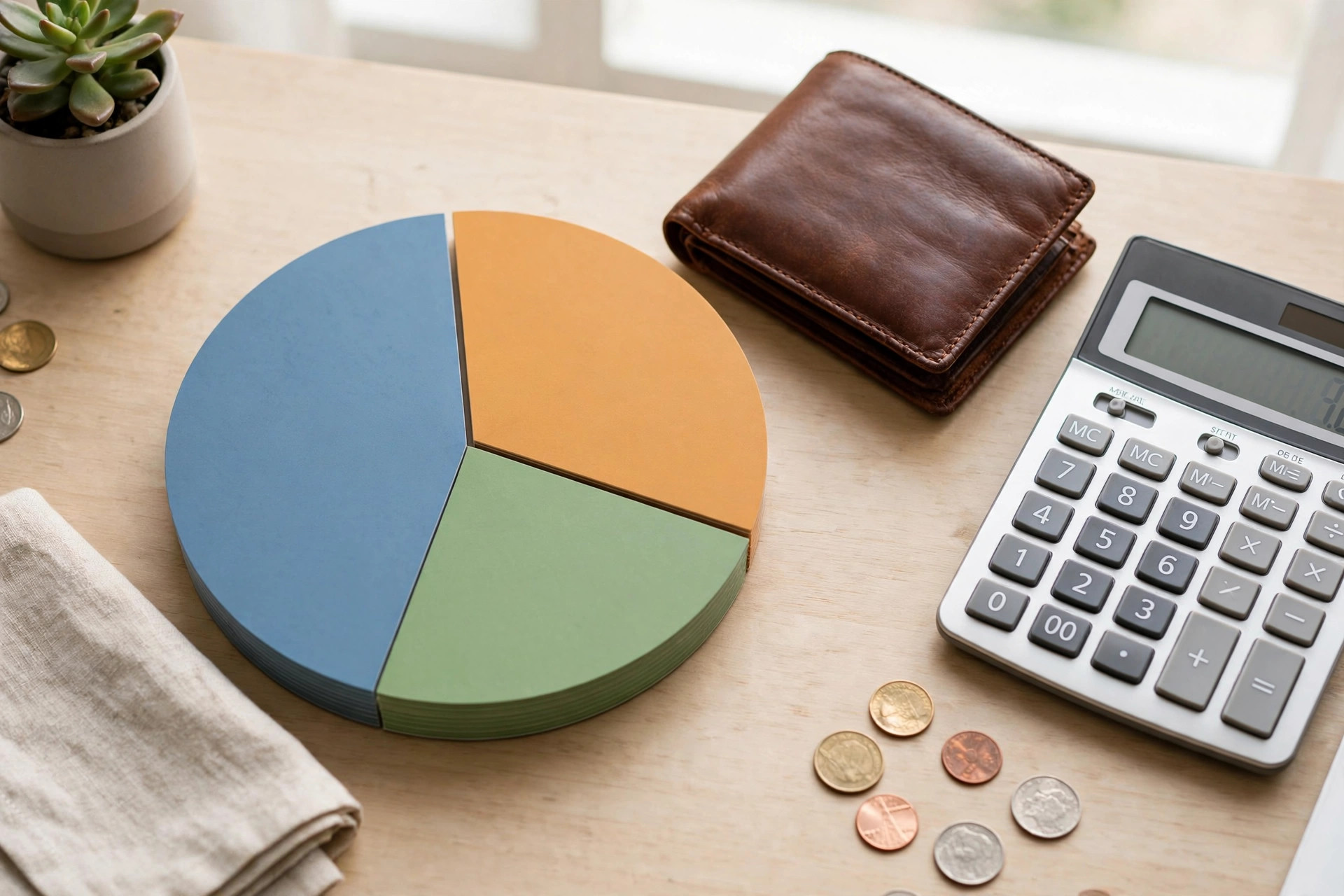 Pie chart divided into three sections with wallet and calculator