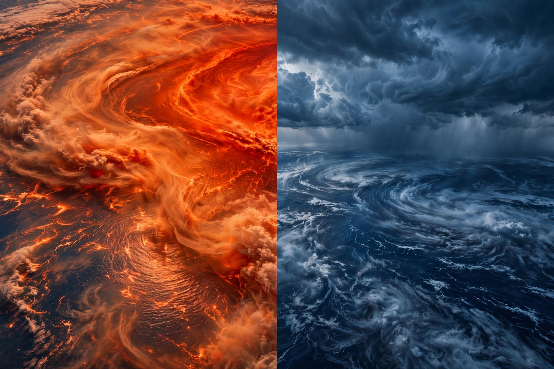 Satellite-style split-view illustration of the Pacific Ocean with a blazing orange-red warm surface and swirling clouds above dark blue ocean waters