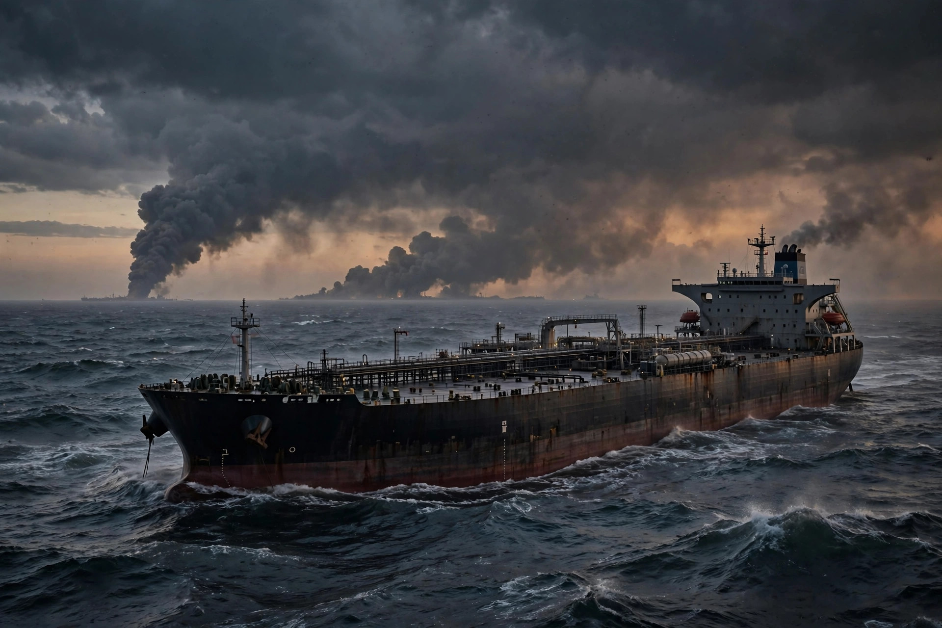 Large oil tanker at sea at dusk with a column of distant smoke on the horizon, dark dramatic clouds overhead