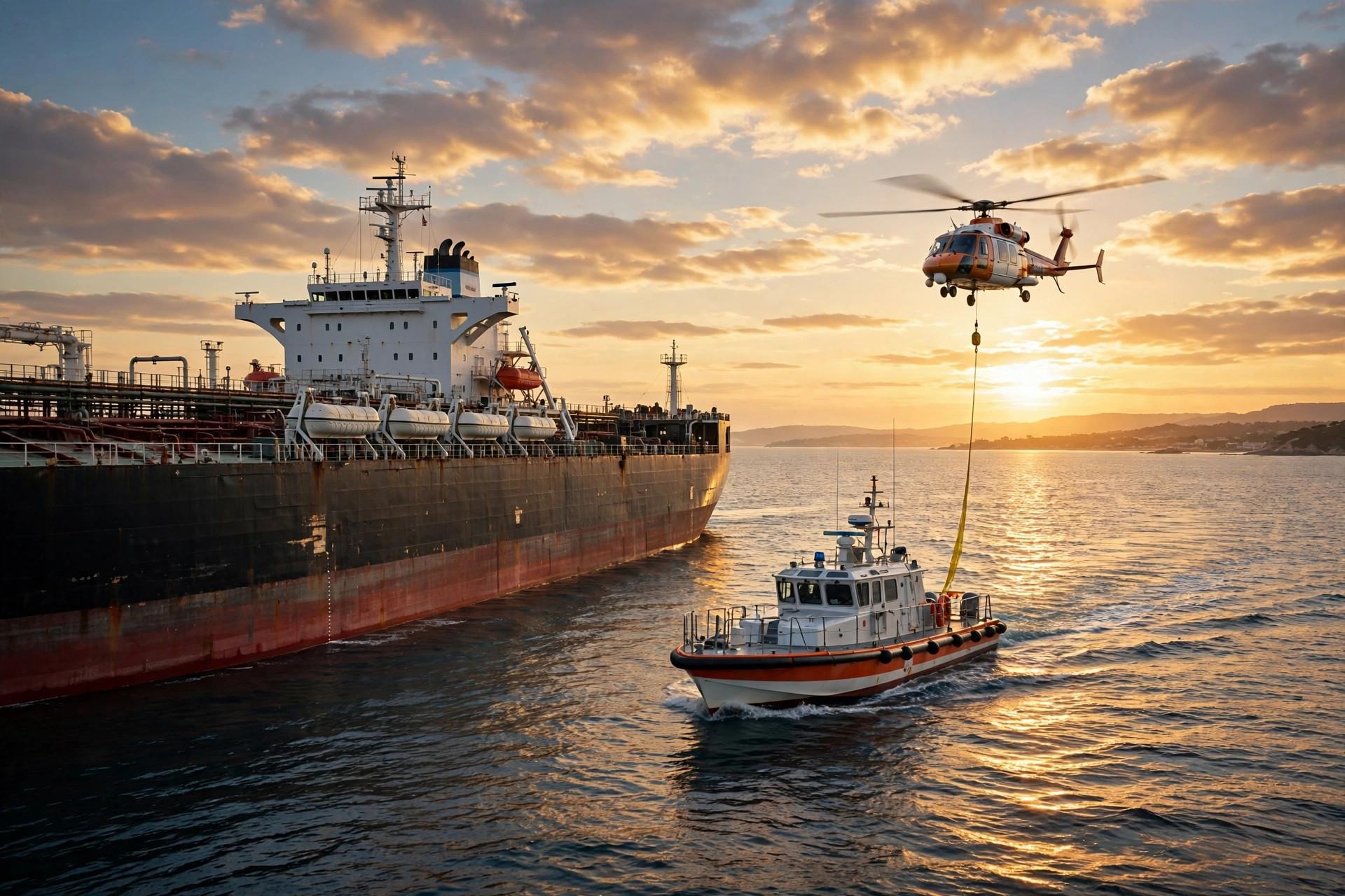 Illustration of a coast guard vessel approaching a burning oil tanker at sea at dusk, with rescue crew on deck and smoke rising from the vessel — stylized scene, no real identifiable people