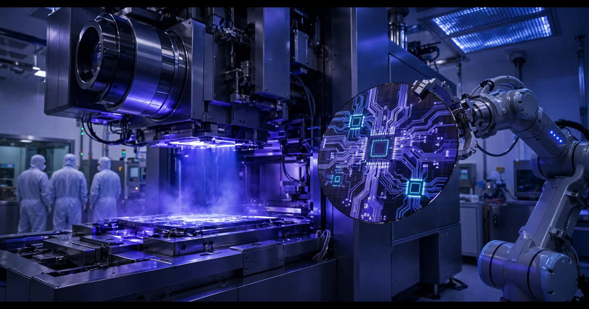 AI-generated illustration of an EUV lithography machine glowing violet-blue in a semiconductor cleanroom