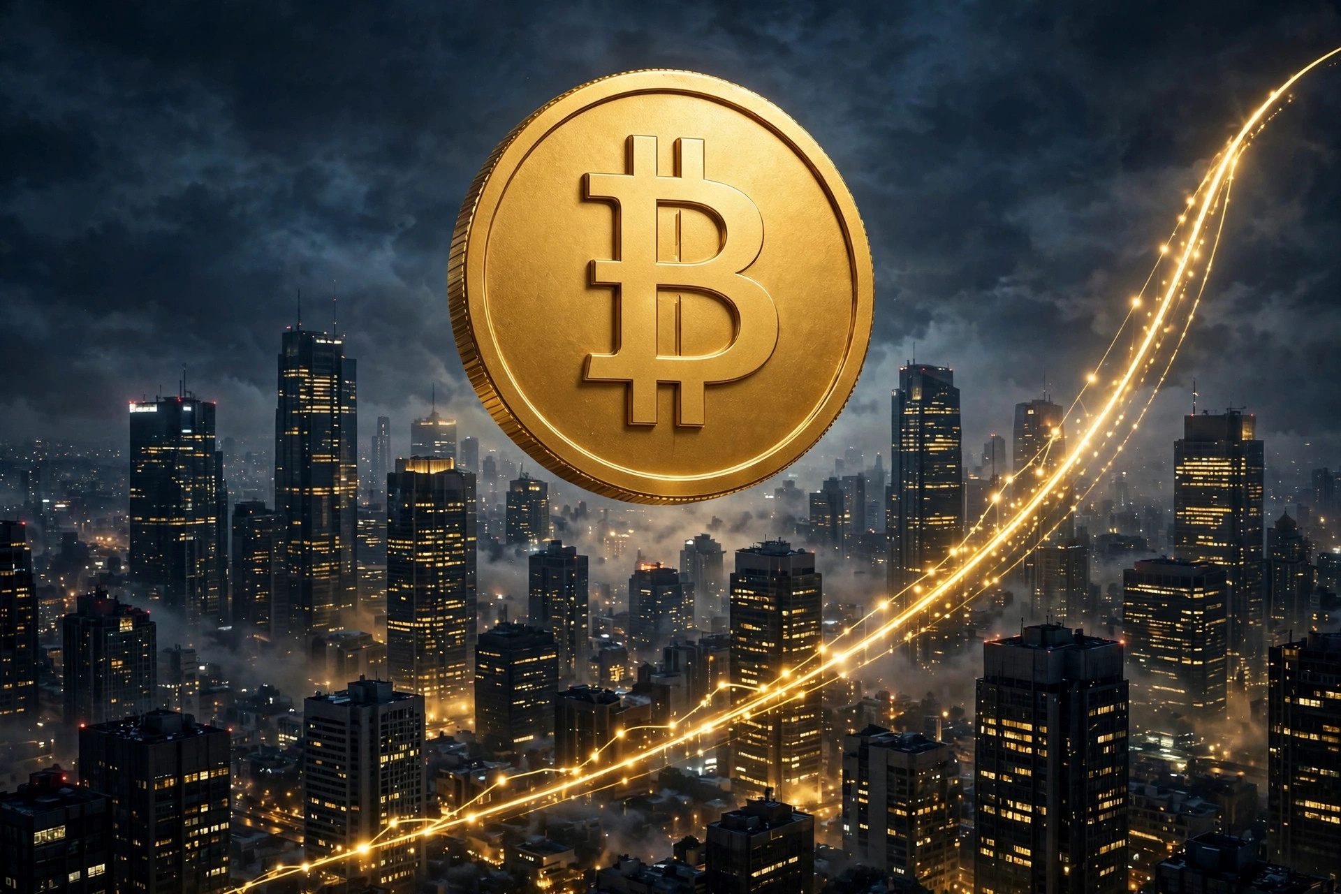 Illustration of a glowing golden coin with a generic Bitcoin-style symbol rising above a night city skyline with an upward chart arc.