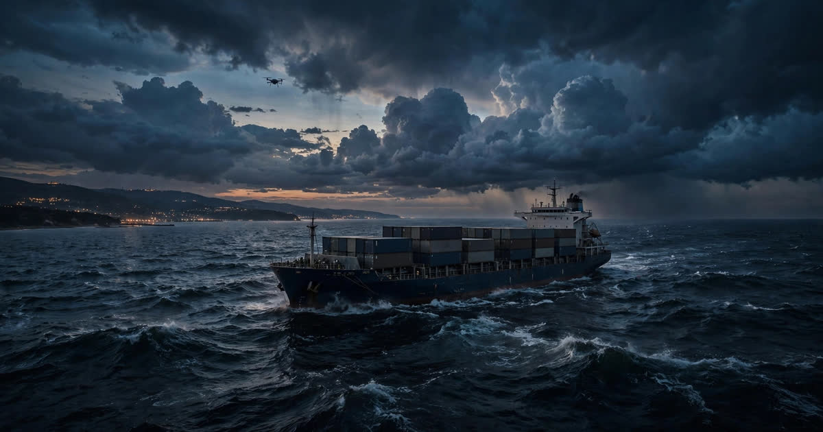AI-generated illustration of a cargo ship on dark Black Sea waters at dusk with a drone silhouette in the sky