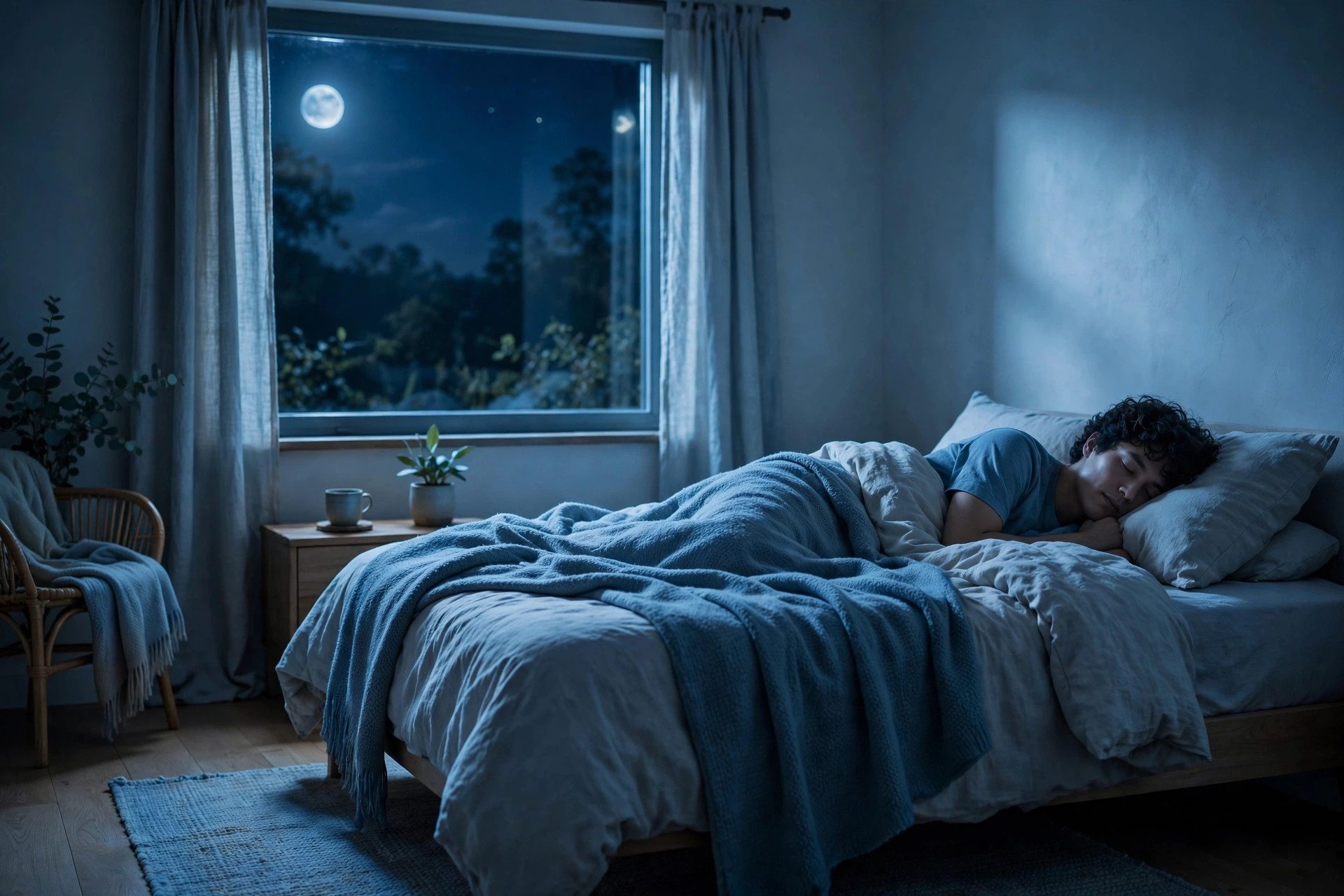 Peaceful bedroom scene with person sleeping under a moonlit night sky