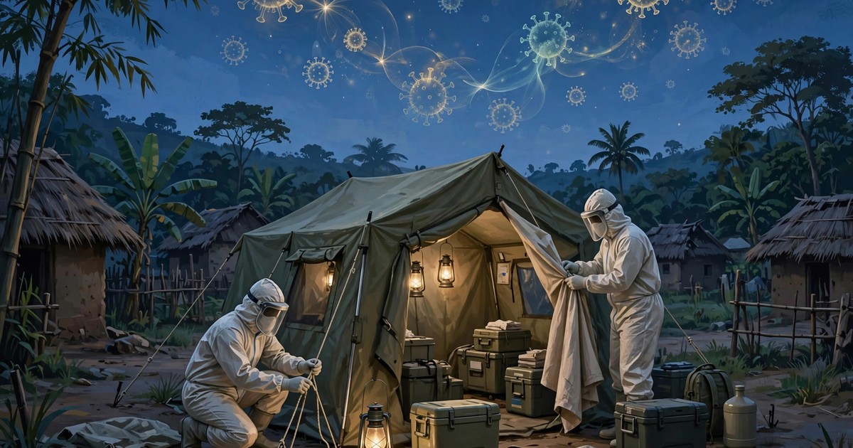 AI-generated editorial illustration of health workers in protective suits setting up a mobile testing tent in a Congolese village at dusk