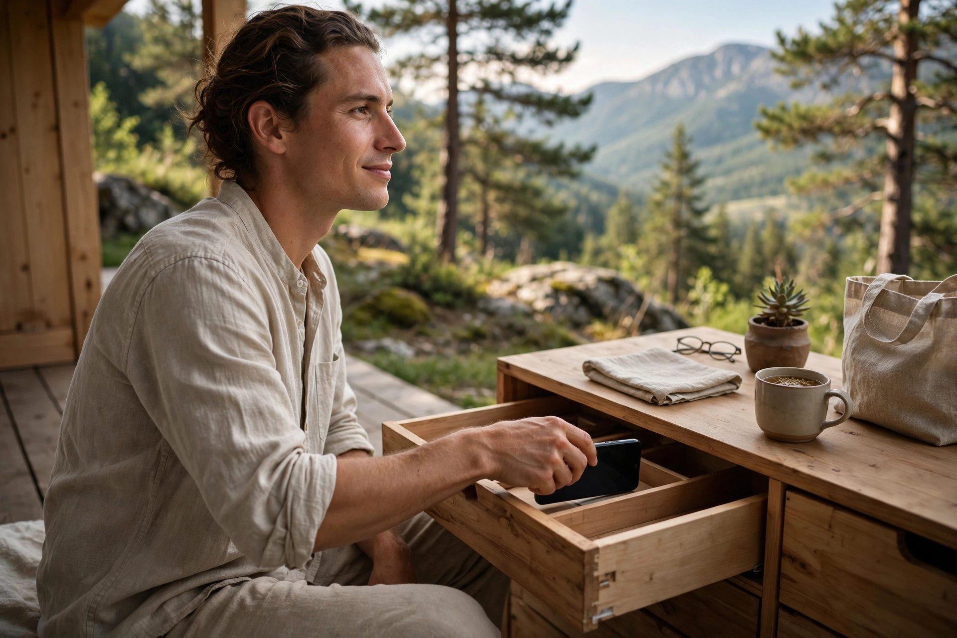 Person placing smartphone in a box choosing offline mindful living