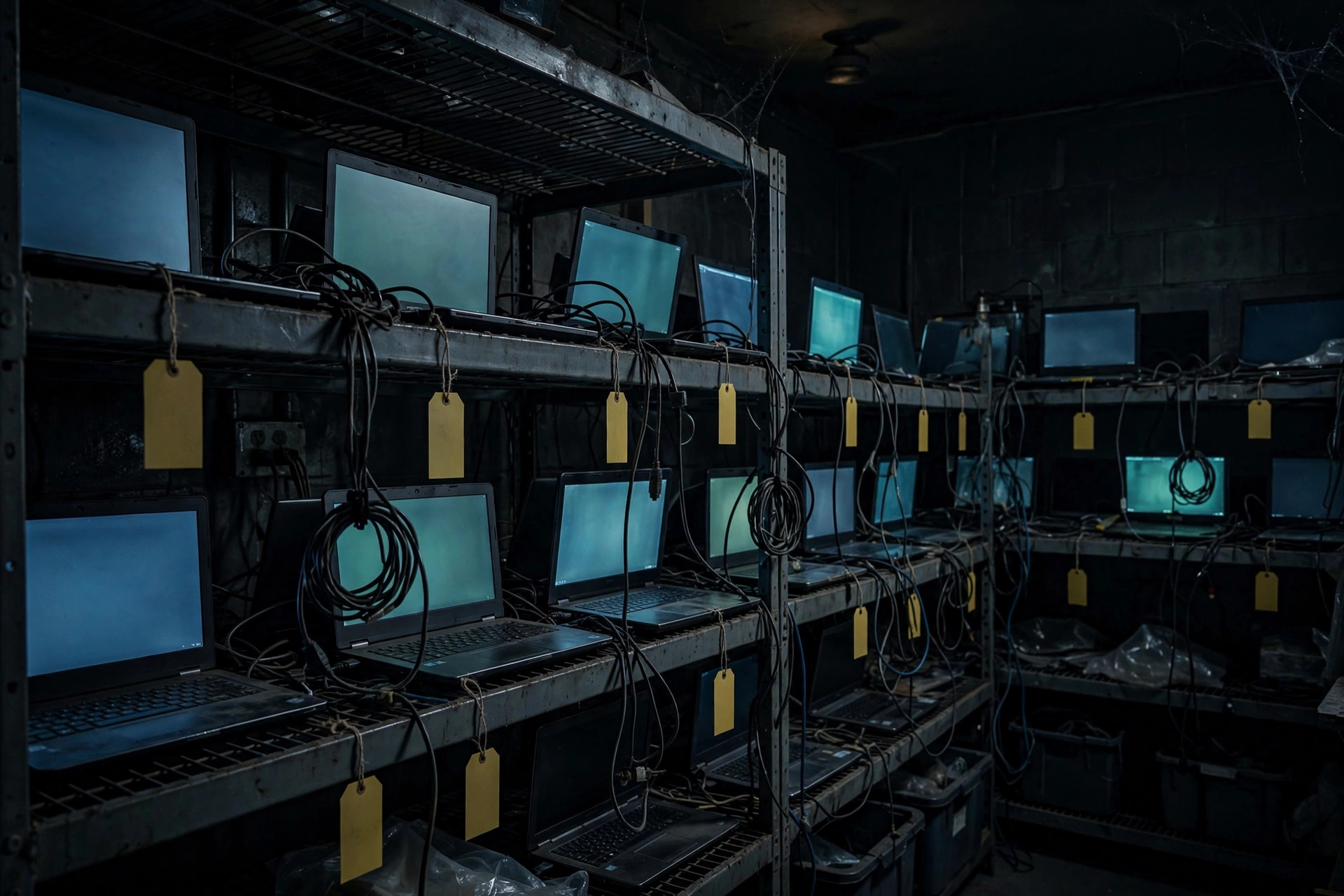 Rows of seized laptops glowing on shelves in a dark forensic evidence room with network cables and dramatic night lighting