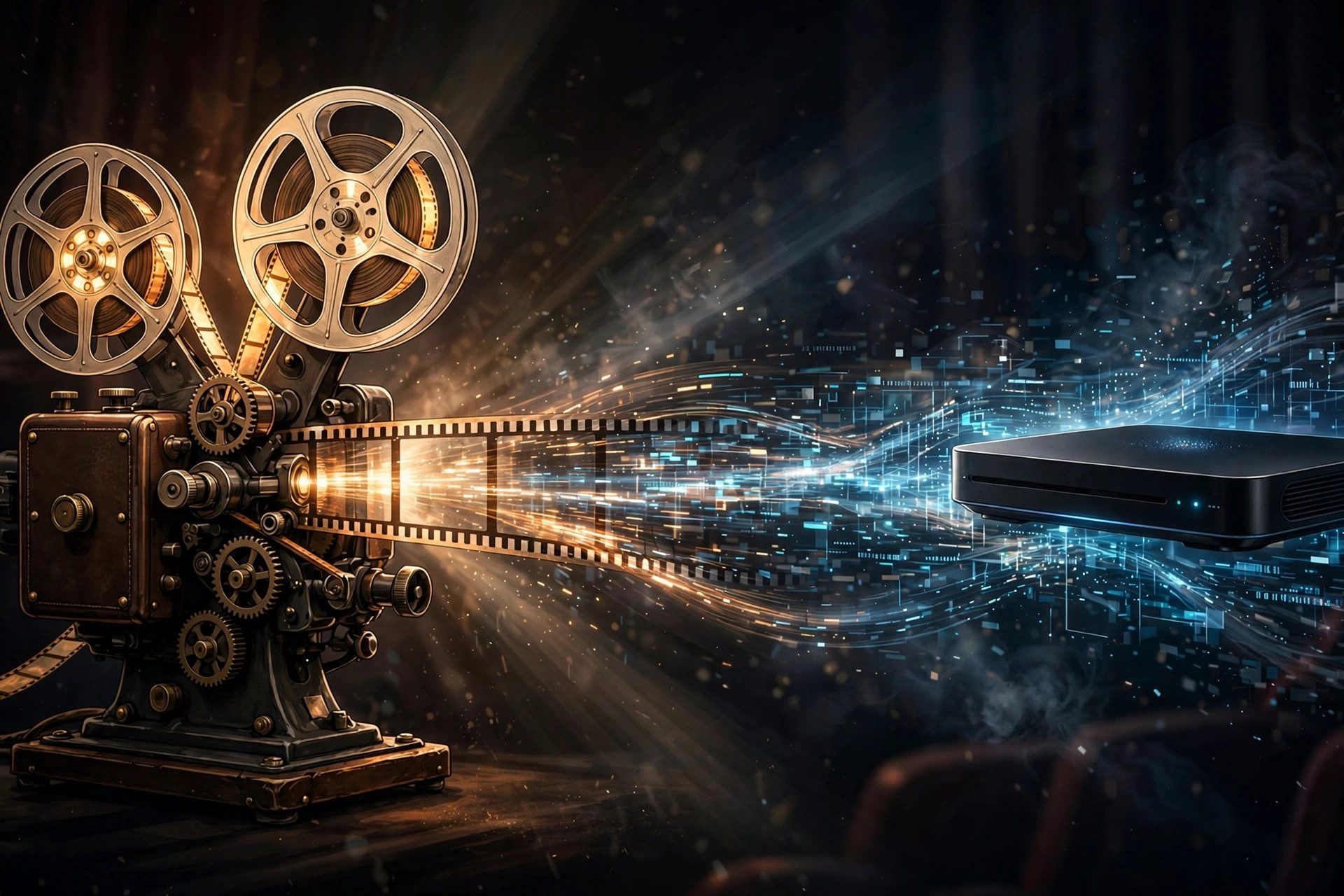 Vintage film projector evolving into modern streaming on a timeline