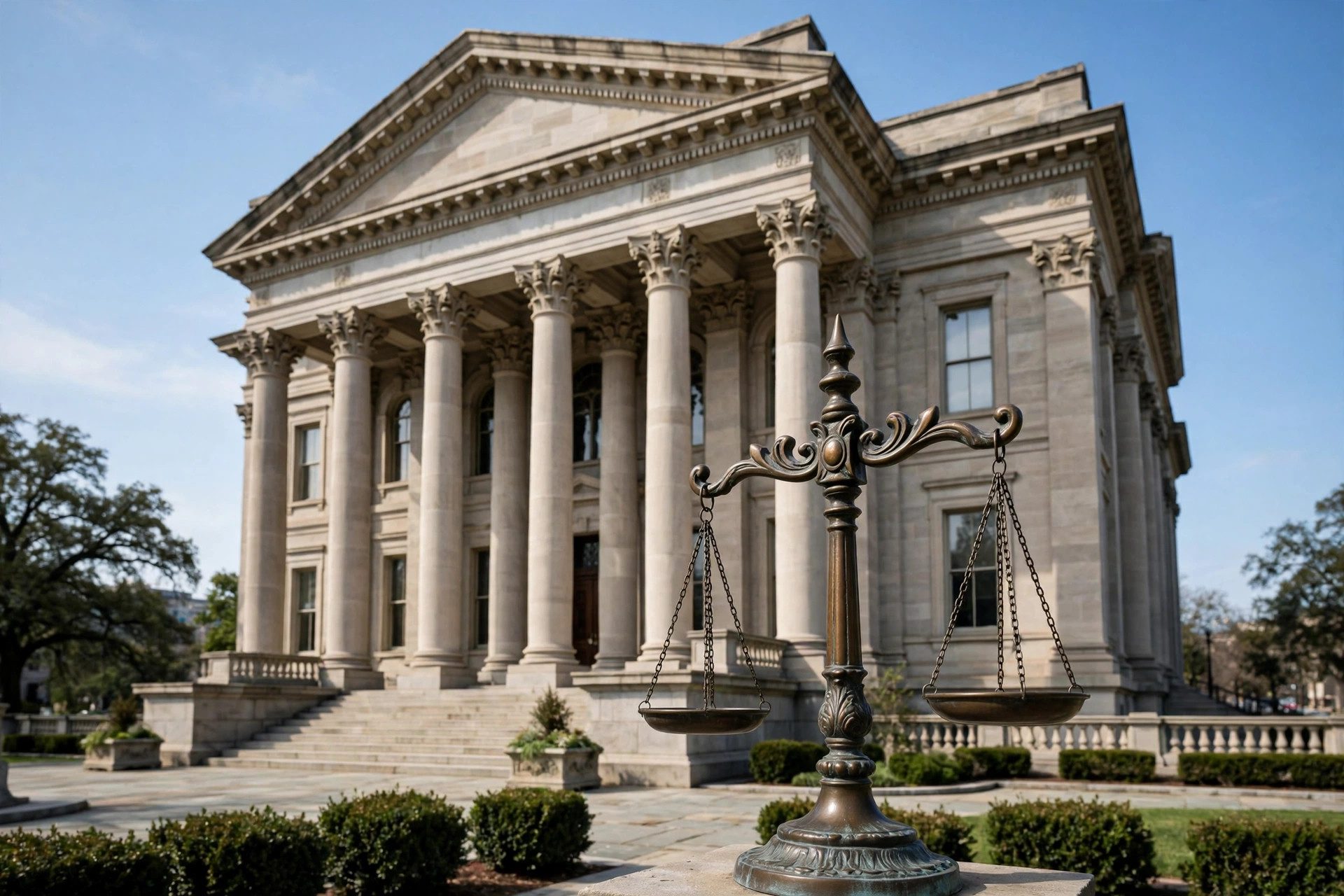 Courthouse columns with scales of justice representing the legal system