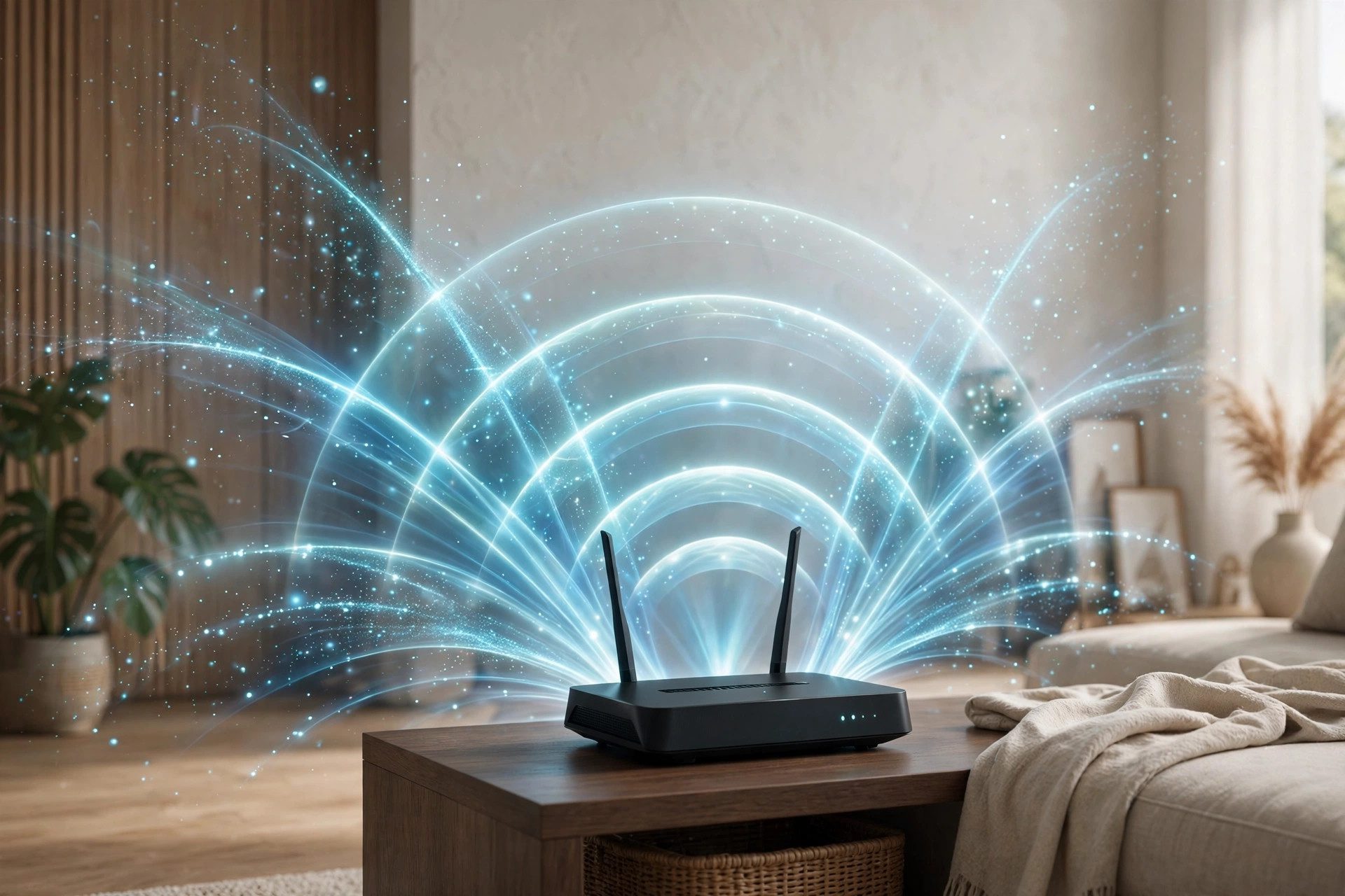 Wi-Fi signal waves radiating from a router to connected devices in a home