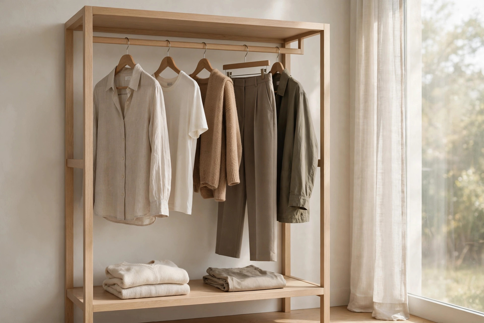 Minimalist wardrobe with versatile neutral clothing pieces neatly arranged