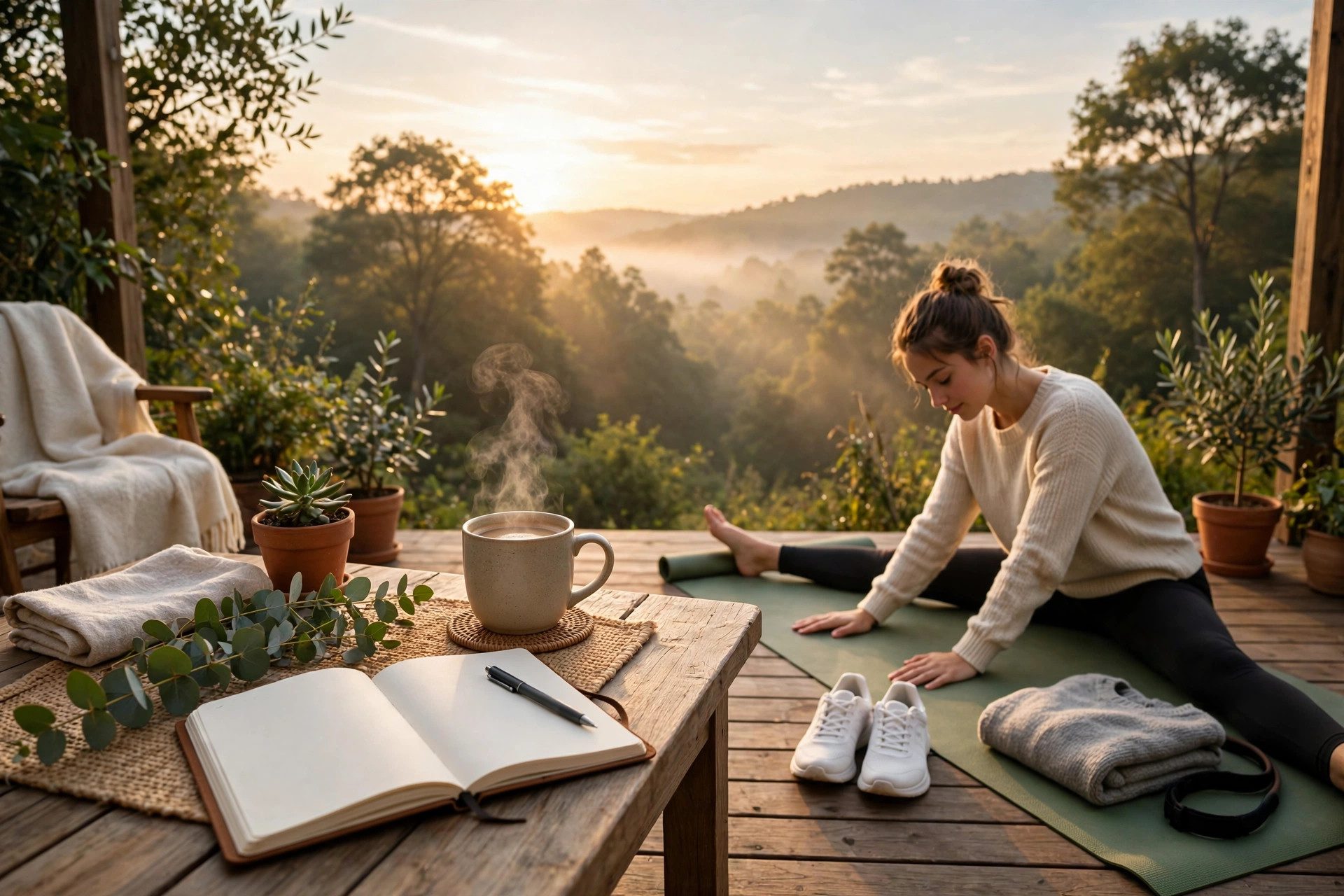 Peaceful morning scene with coffee, journal and sunrise routine items