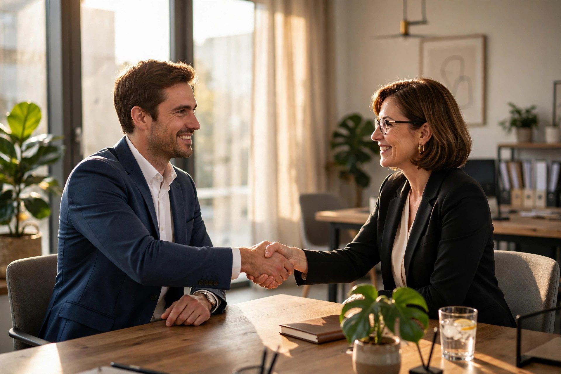 Job candidate shaking hands with interviewer across a desk