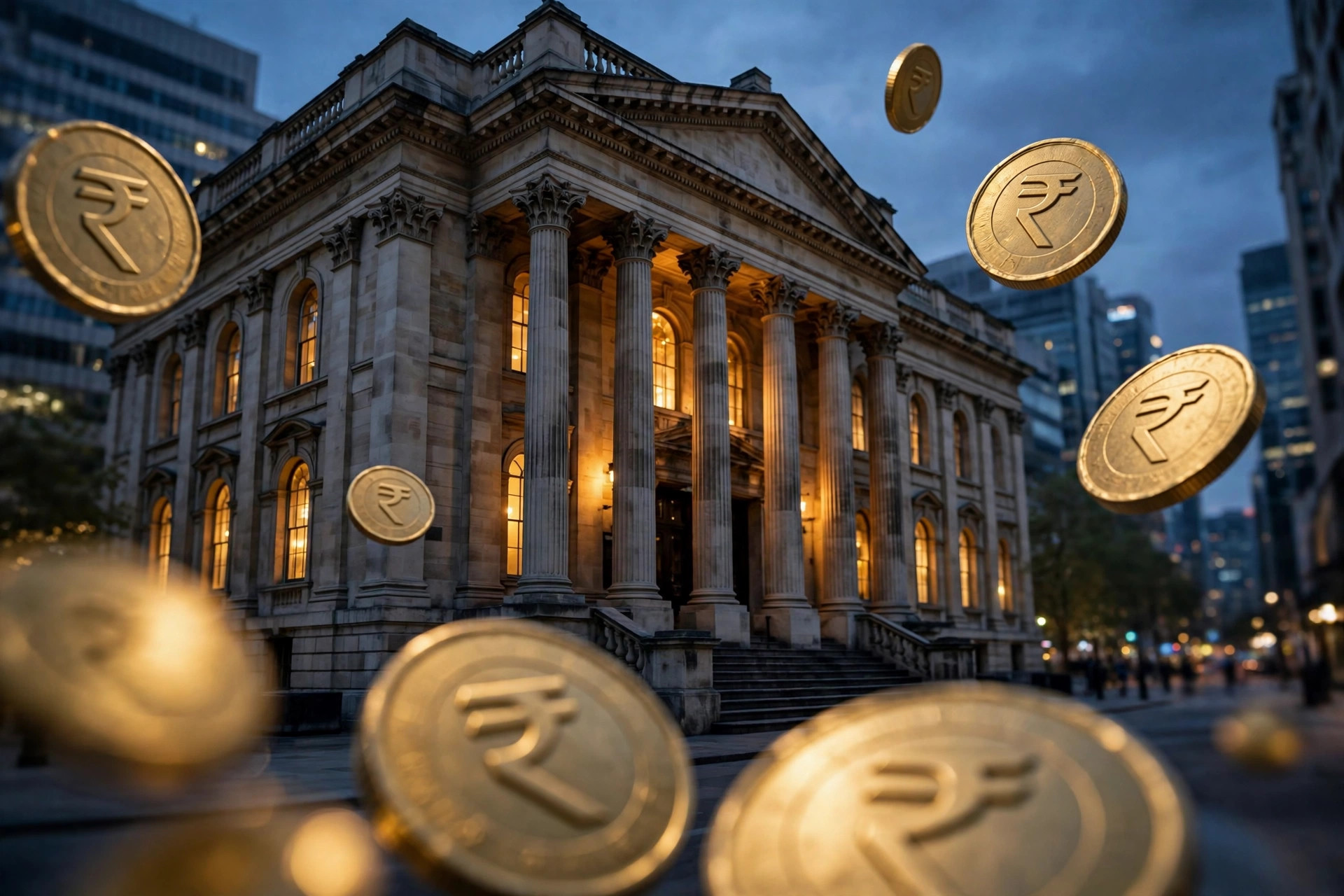 A grand neoclassical bank building facade at dusk with large Indian rupee coins in the foreground.