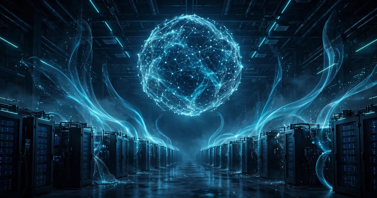 Abstract illustration of a frontier AI model training environment