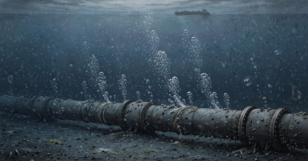 AI-generated illustration of a gas pipeline on the Baltic Sea seabed with bubbles rising toward the surface