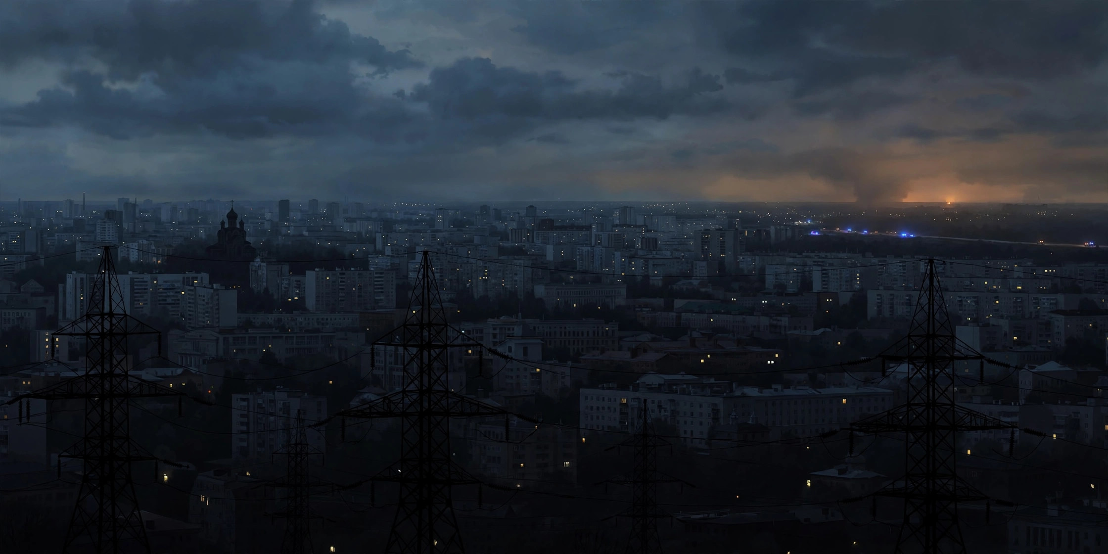 City skyline at night during a power outage, with darkened buildings and electricity pylons silhouetted