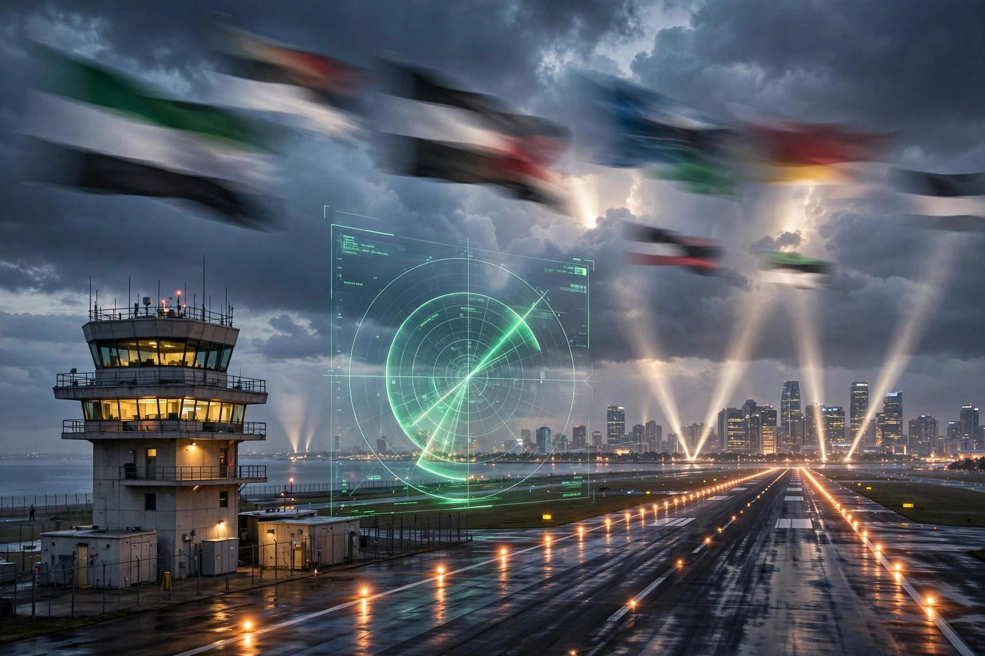 A symbolic dusk scene of a Gulf city skyline with an airport control tower, runway lights, and radar imagery in the sky.