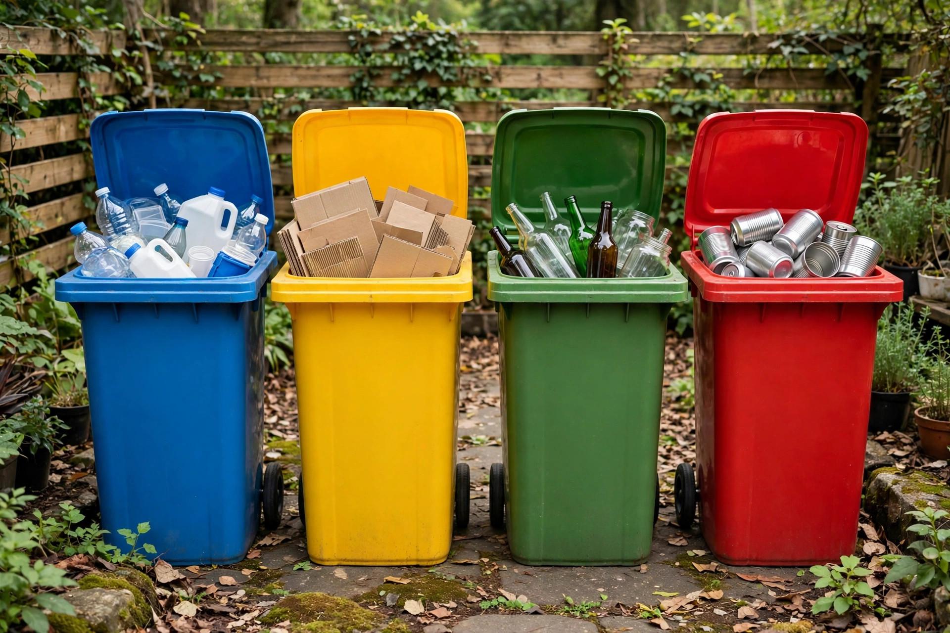 Colorful recycling bins with sorted recyclable materials