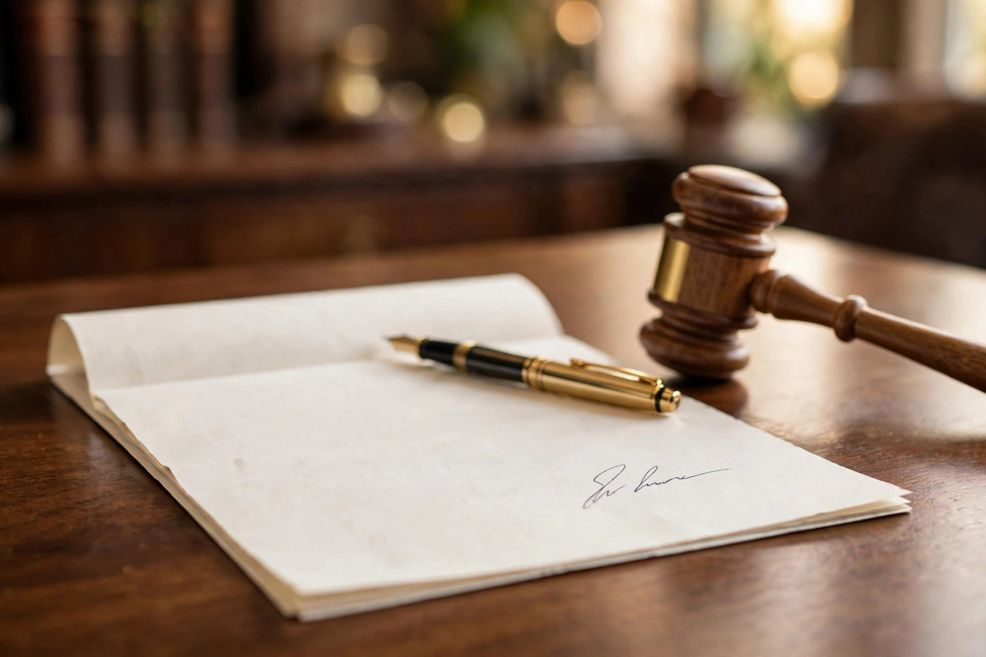 Signed contract document with pen and gavel on a legal desk