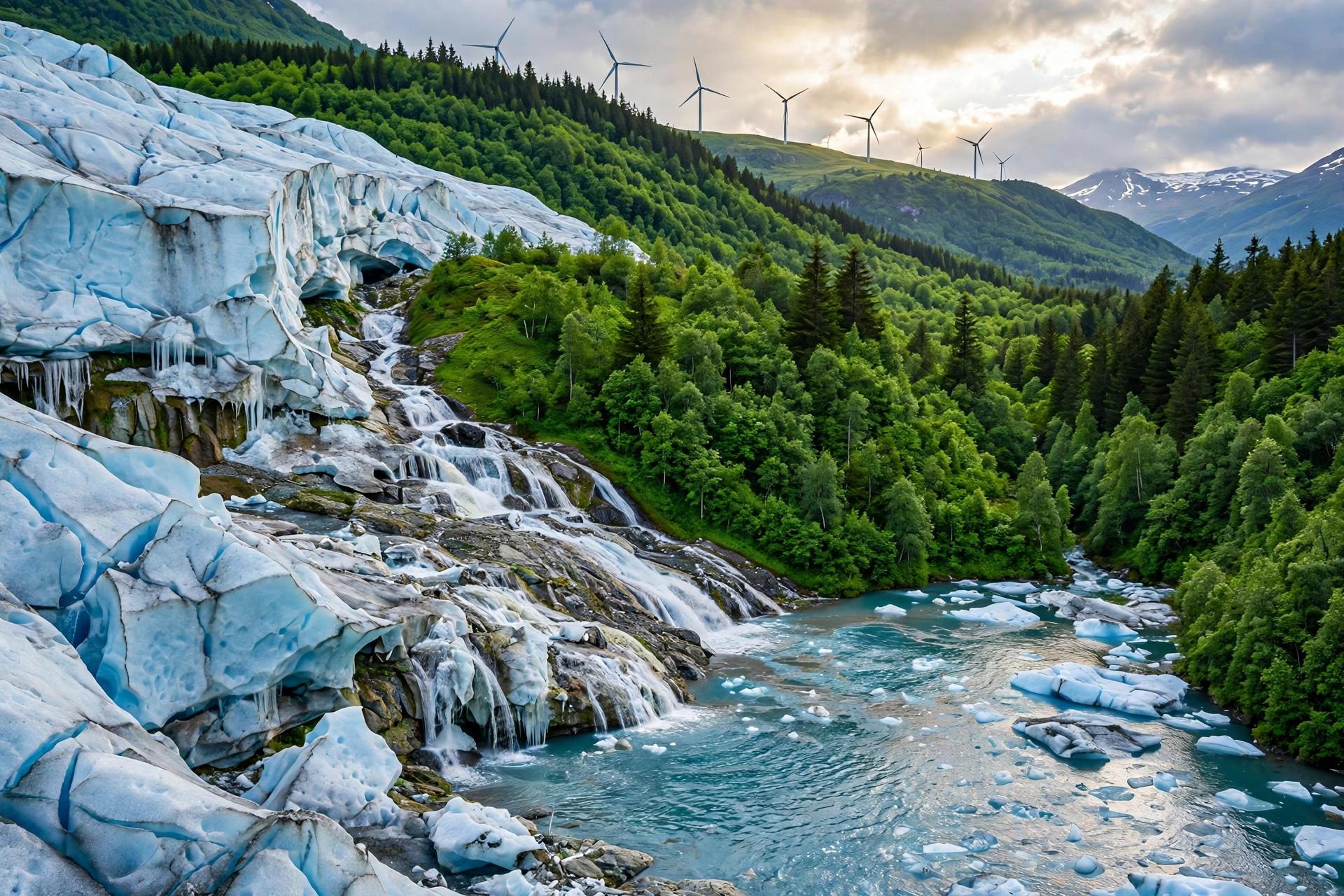 Earth with renewable energy solutions like wind turbines and solar panels