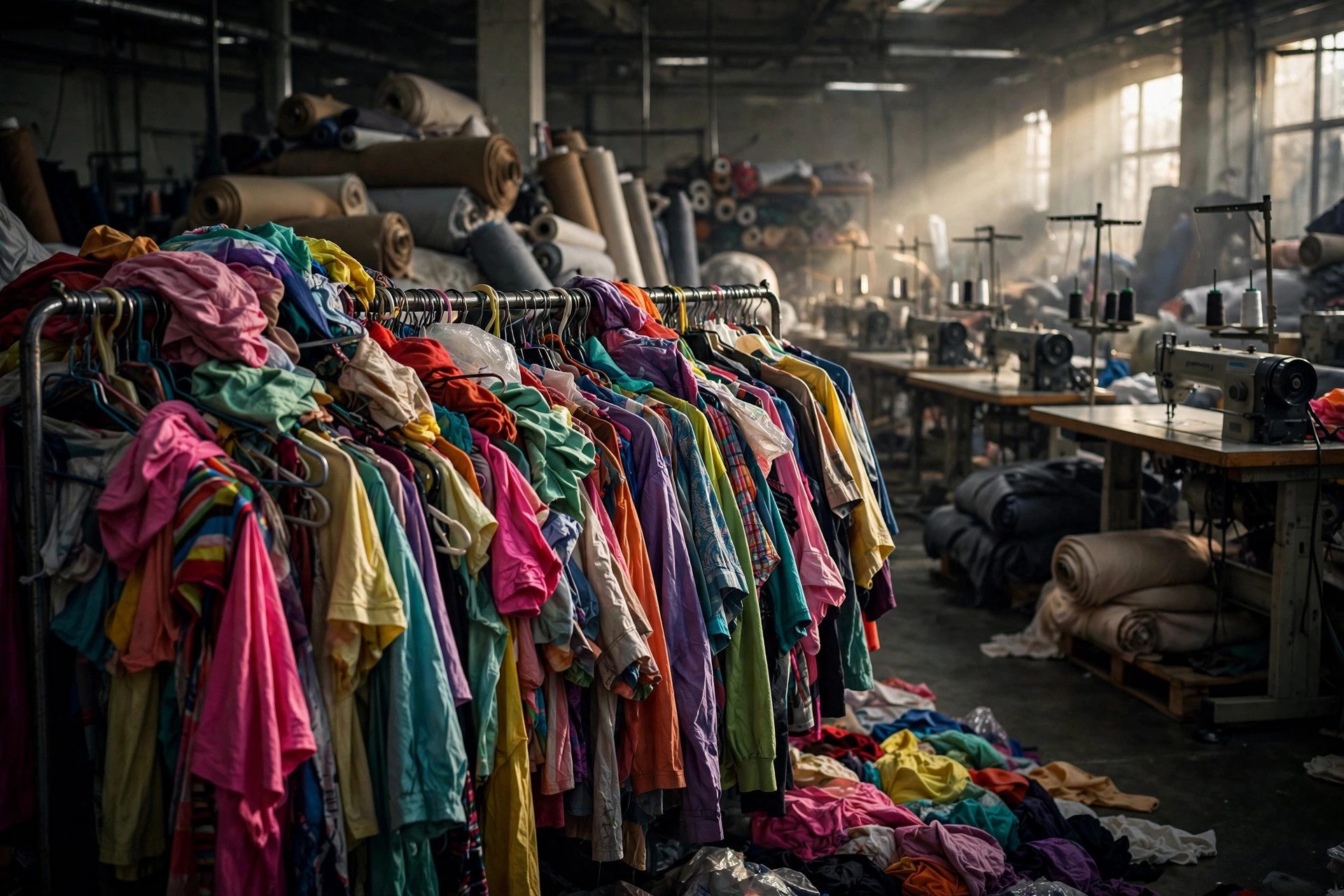 Overflowing clothing racks representing fast fashion consumption