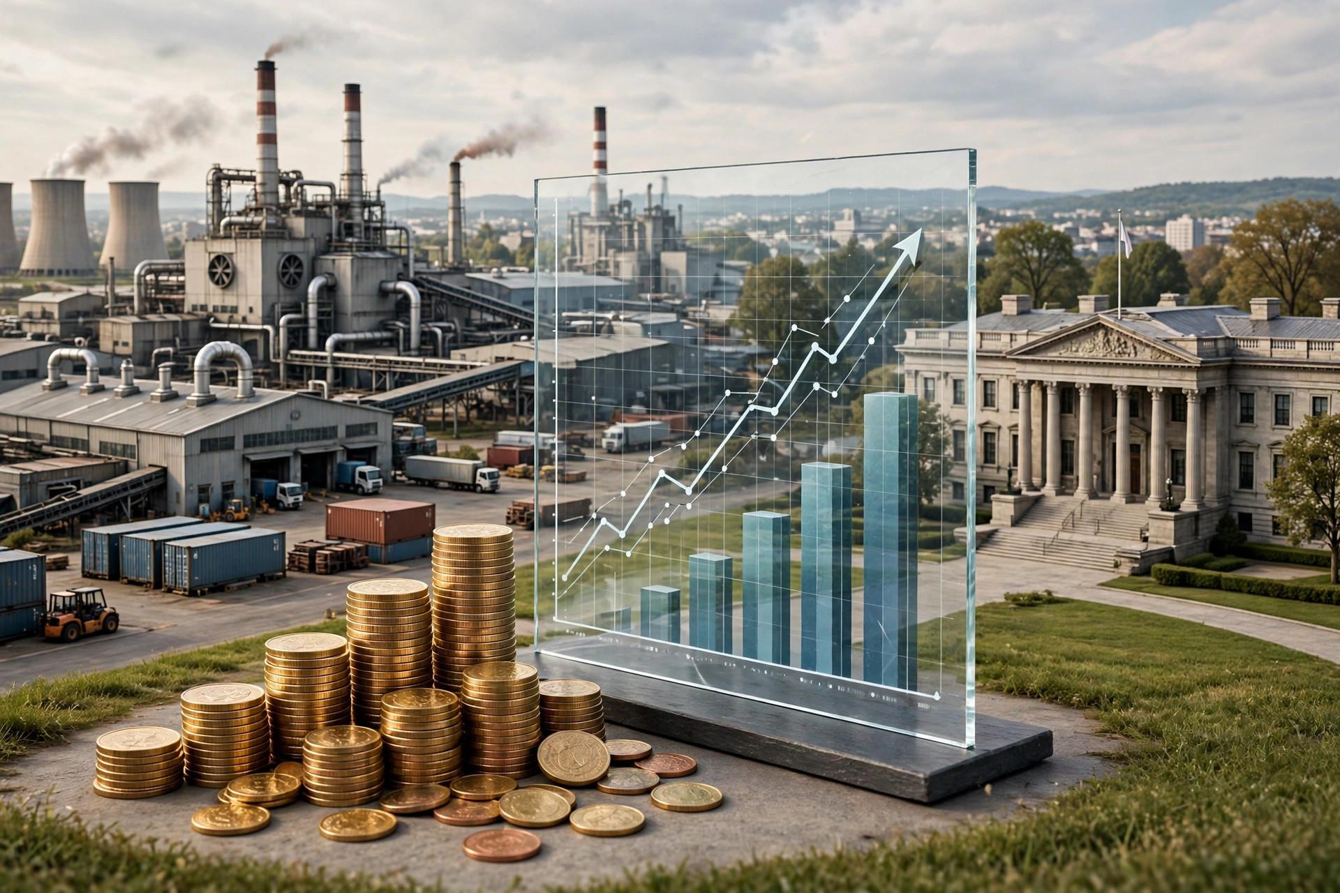 Growing bar charts and coins representing gross domestic product growth