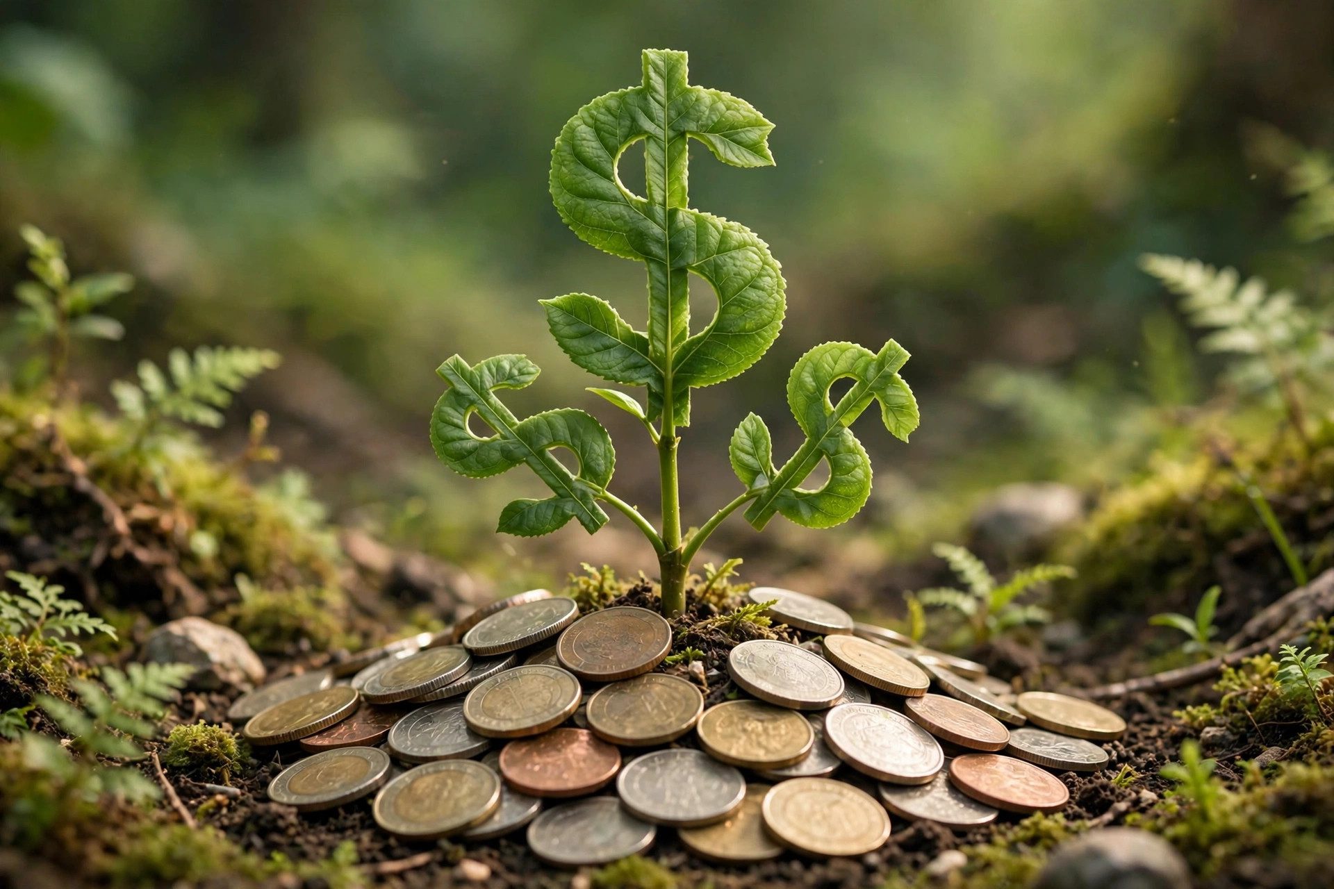 Money growing on tree branches with coins falling into a jar