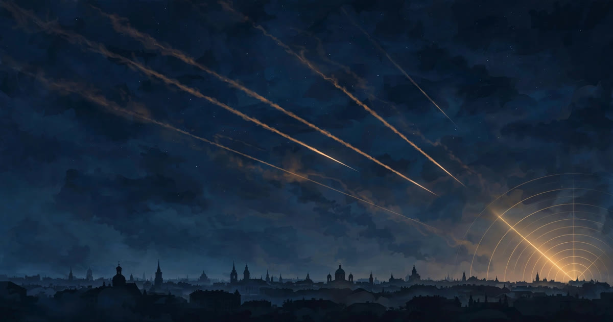 AI-generated illustration of missile contrails in a night sky over a distant city skyline